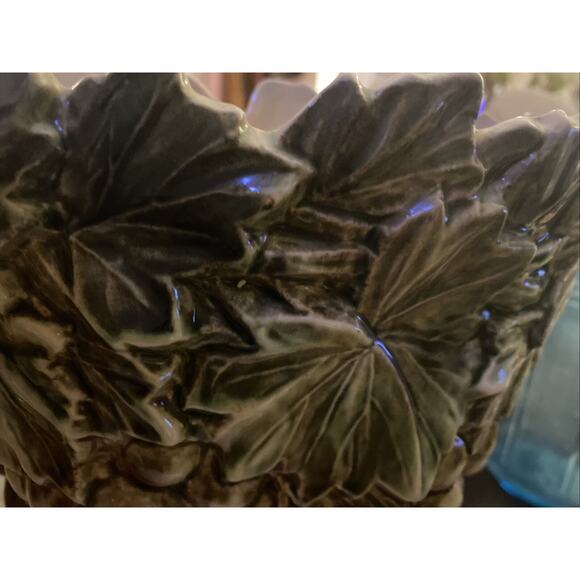 70s McCoy Vase/Pitcher, Grape Pattern Triple Handle Brown Green Retro SET - Picture 7 of 11